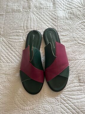 Women's Two-Tone Green and Burgundy Leather Slide Sandals